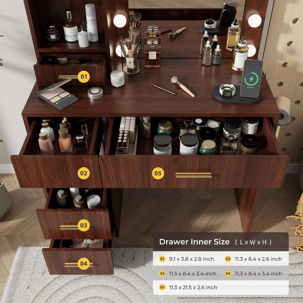 Otterease Vanity Desk with LED Lighted Mirror&Power Outlet, 3 Lighting Colors Makeup Vanity with 5 Large Drawers and 3 Storage Shelves, White Vanity with Storage Stool for Bedroom (Walnut(no Stool))