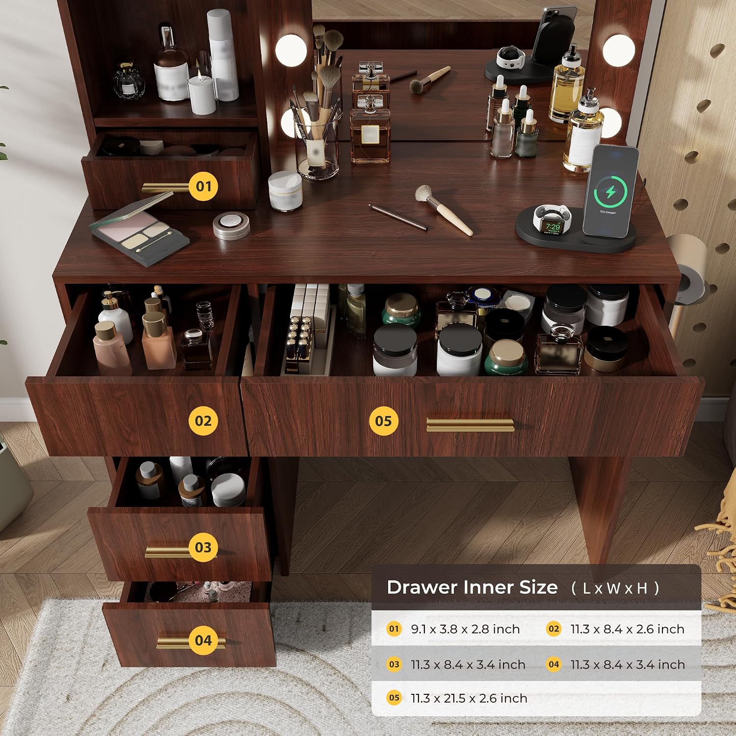 Otterease Vanity Desk with LED Lighted Mirror&Power Outlet, 3 Lighting Colors Makeup Vanity with 5 Large Drawers and 3 Storage Shelves, White Vanity with Storage Stool for Bedroom (Walnut(no Stool))