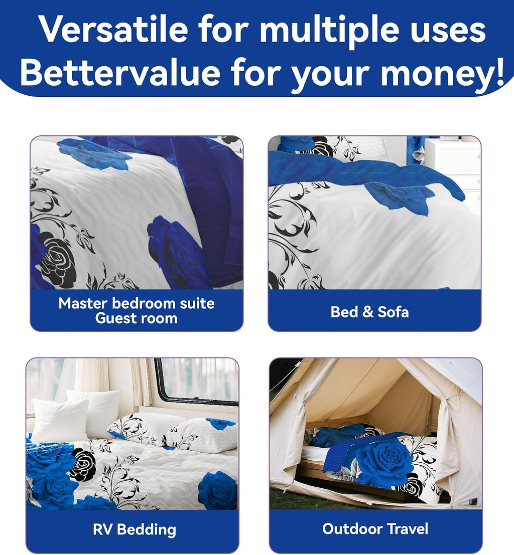 9-Piece Queen Microfiber Bedspreads with Matching Curtains | Blue Rose Matching Curtains and Bedding Sets | Luxe Floral Design