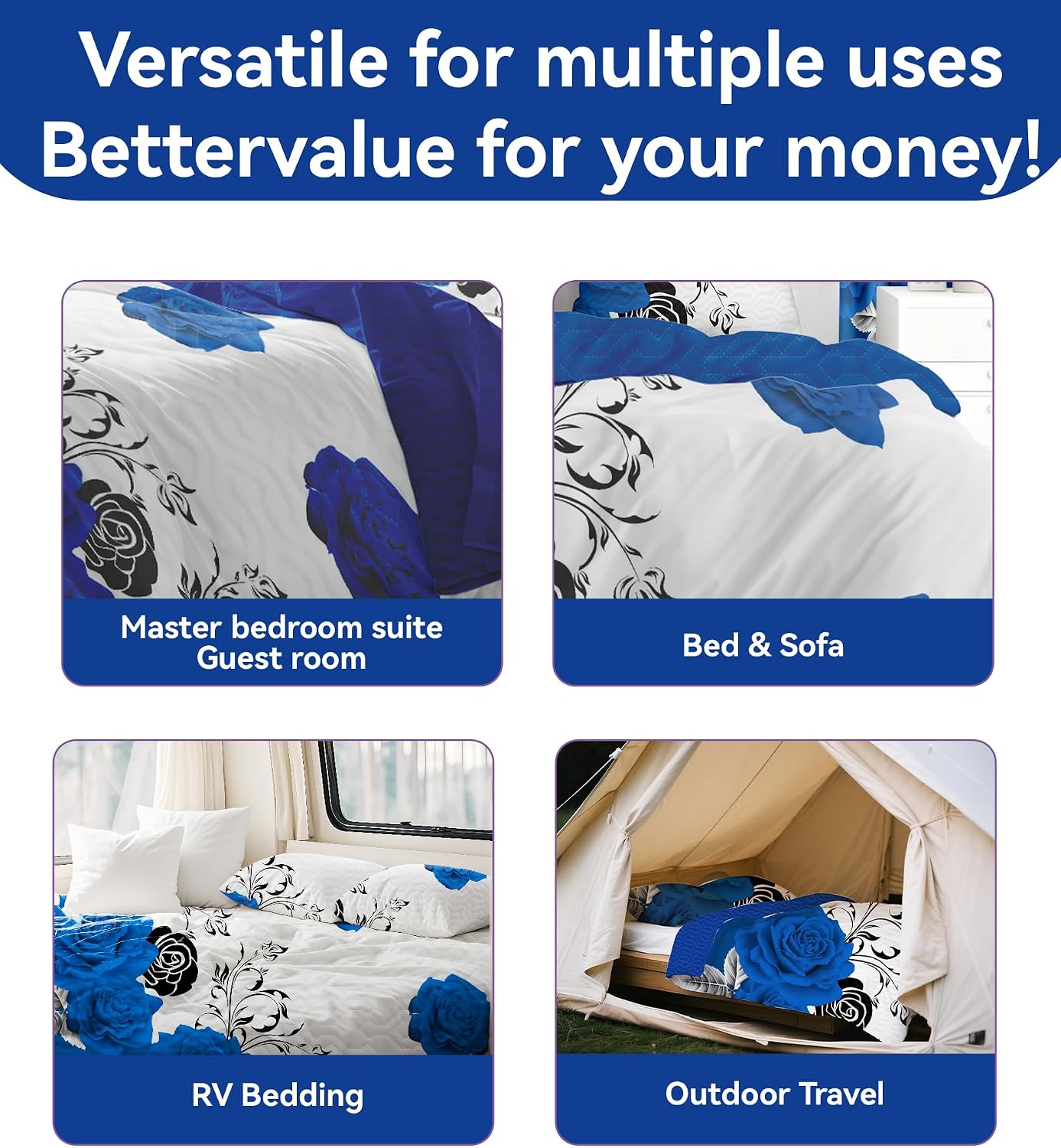 9-Piece Queen Microfiber Bedspreads with Matching Curtains | Blue Rose Matching Curtains and Bedding Sets | Luxe Floral Design