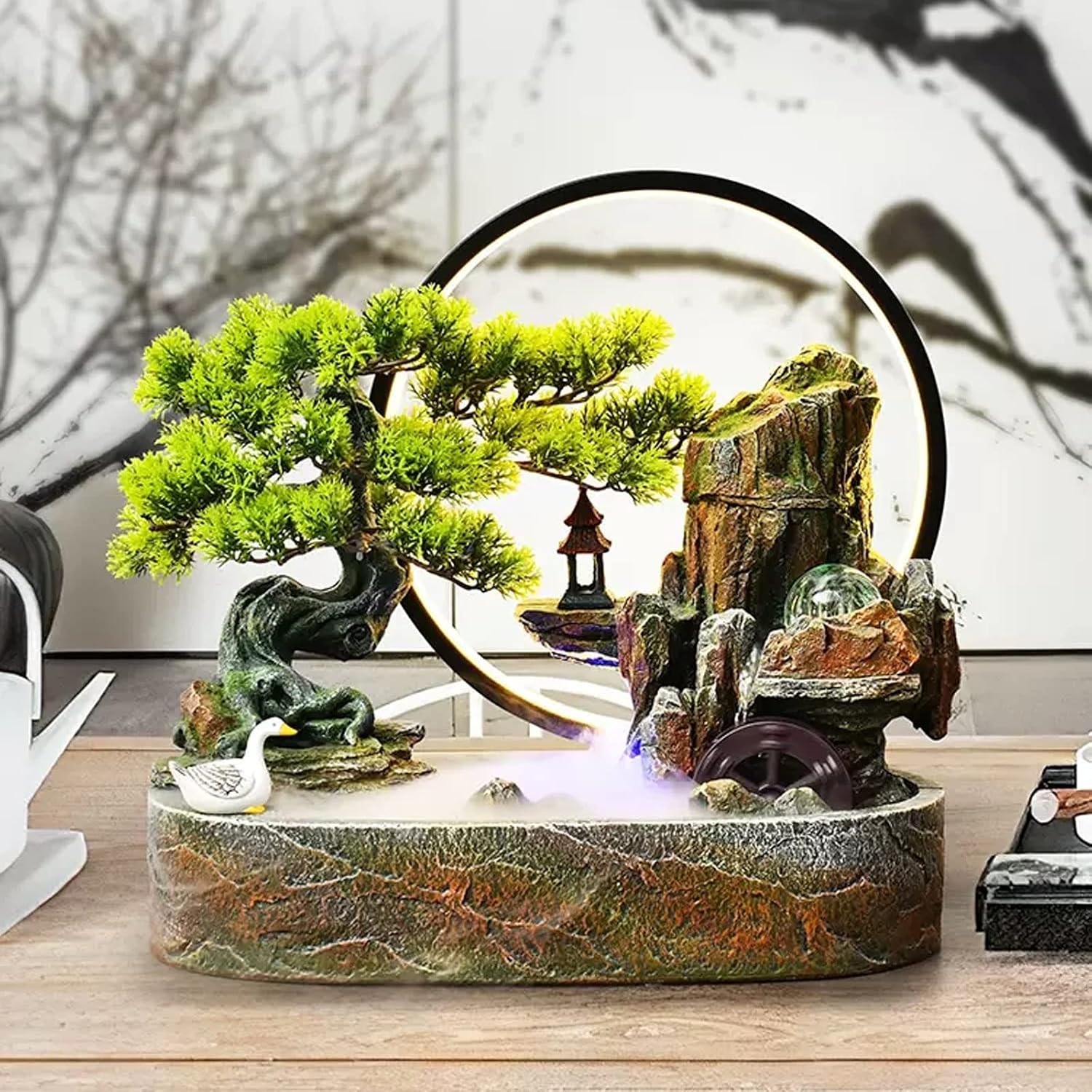 Tabletop Fountain Tabletop Water Fountain Artificial Bonsai Tree Design Indoor Resin Waterfalls Fountains Decorative with LED Light Best Home Gifts for Parents or Friends