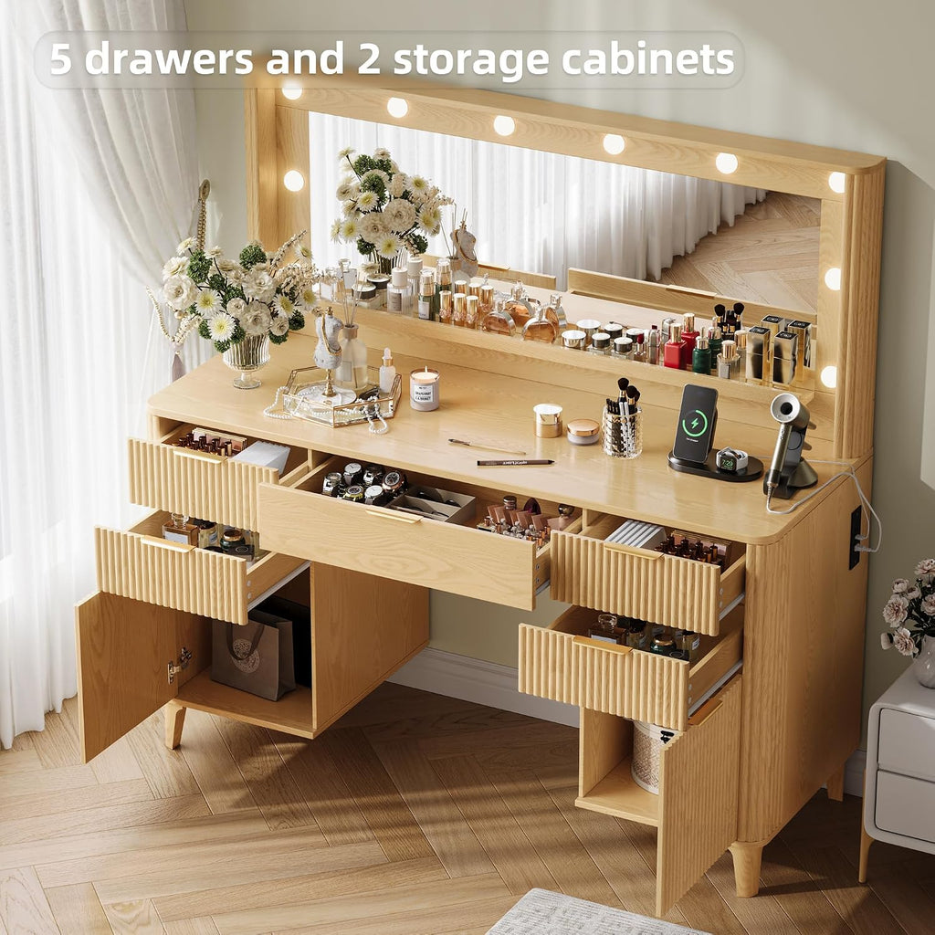 Fluted Makeup Vanity Desk with Large 39.3' Mirror and Lights, 48.8' Wood Vanity, Large Vanity Dressing Table, Modern Wooden Vanity Table for Women and Girls, Bedroom or Dorm (Nature)