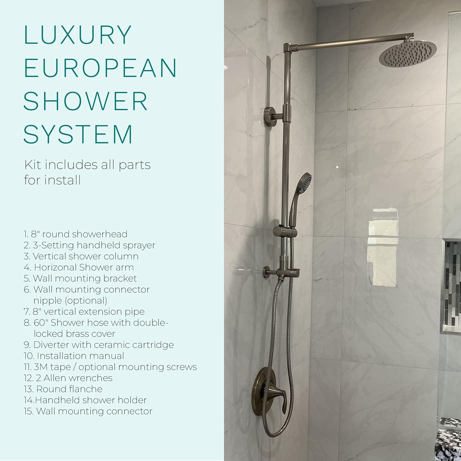 Fennocasa Polaris 3 Rain Shower System, 8' Rainfall Shower Head and Handheld Shower Combo, includes 3-Setting Handheld Spray, Height Adjustable Shower Wand Holder, 60' Hose (1.8 GPM Brushed Nickel)