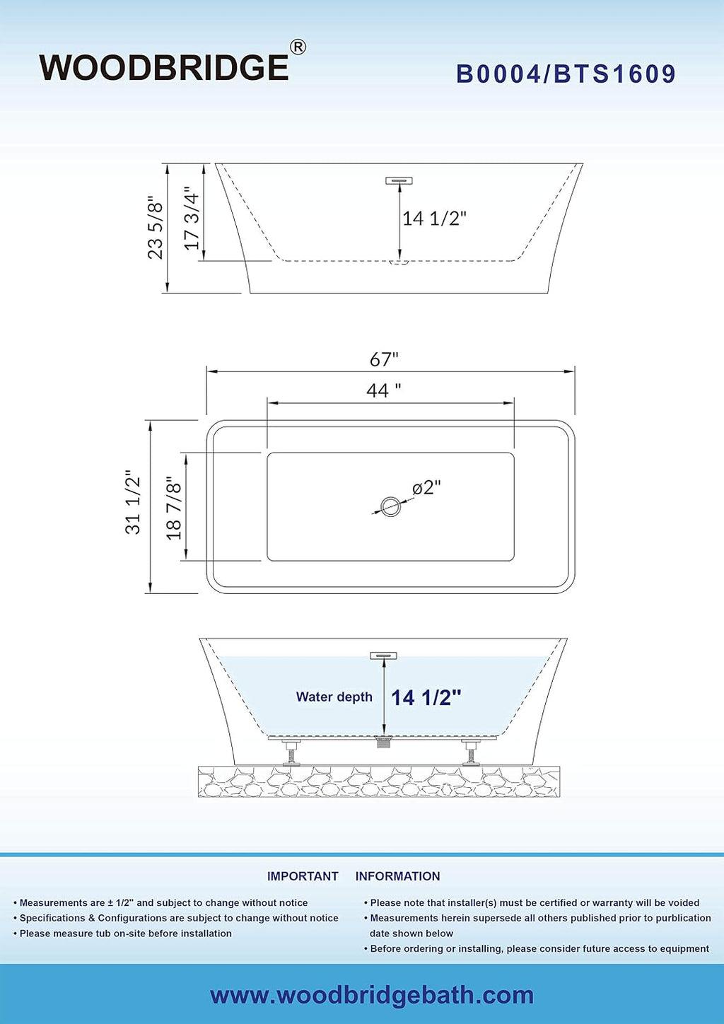 WOODBRIDGE 67' Acrylic Freestanding Bathtub Contemporary Soaking White Tub with Brushed Nickel Overflow and Drain，BTS1609-B/N-Drain&O