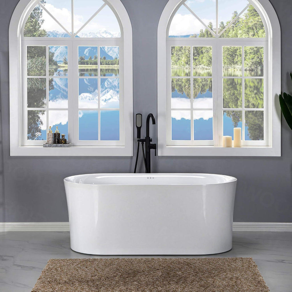 WOODBRIDGE 67' Acrylic Freestanding Bathtub Contemporary Soaking White Tub with Brushed Gold Overflow and Drain，B0101 -BG-Drain &O