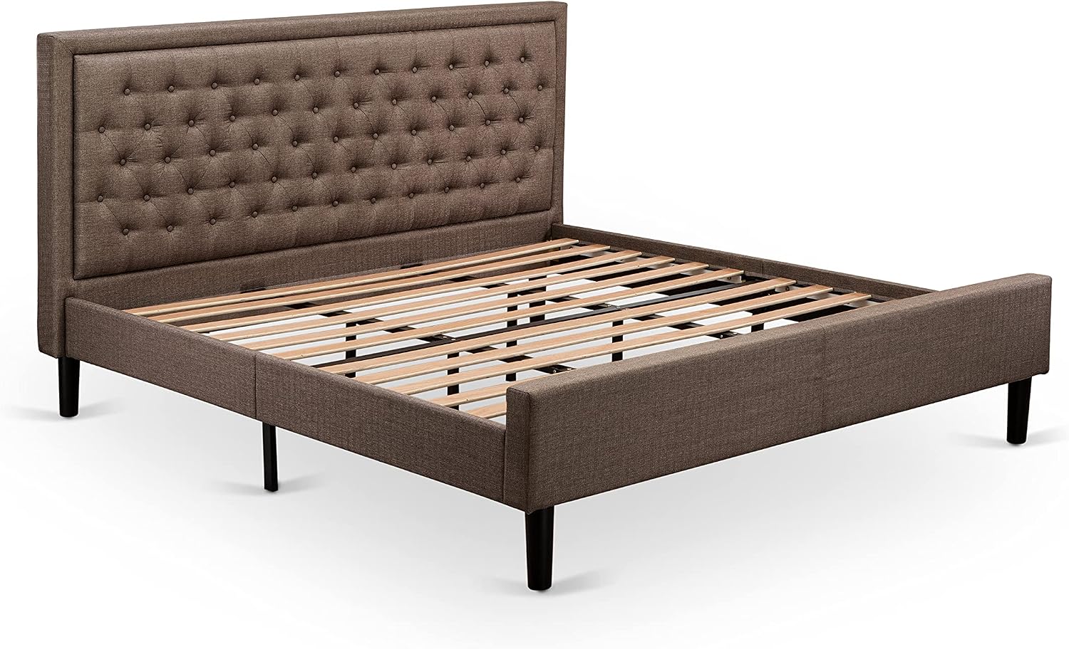 East West Furniture KD18K-2HI07 3 Piece Bed Set - 1 King Bed Brown Linen Fabric Padded and Button Tufted Headboard with 2 nightstands - Distressed Jacobean Finish Nightstand