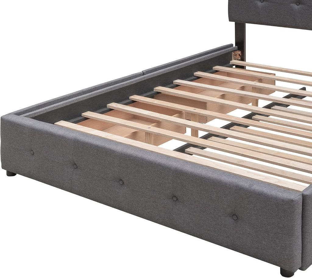 Merax Queen Size Upholstered Bed with 2 Storage Drawers and Twin XL Trundle, Solid Wood Platform Bed No Box Spring Needed, Dark Grey
