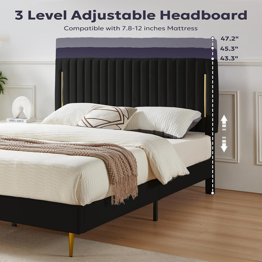 Furnify Full Platform Bed Frame, Velvet Upholstered Bedframe with Vertical Channel Adjustable Headboard, Golden Plating Trim, Mattress Foundation with Wooden Slats, No Box Spring Needed, Black