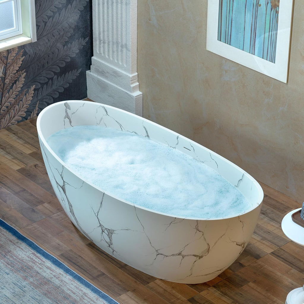 WOODBRIDGE 69' Marble-Pattern Stone Resin Freestanding Soaking Tub, Modern Oval Solid Surface Bathtub with Integrated Slotted Overflow & Drain, Matte Finish, CST0715