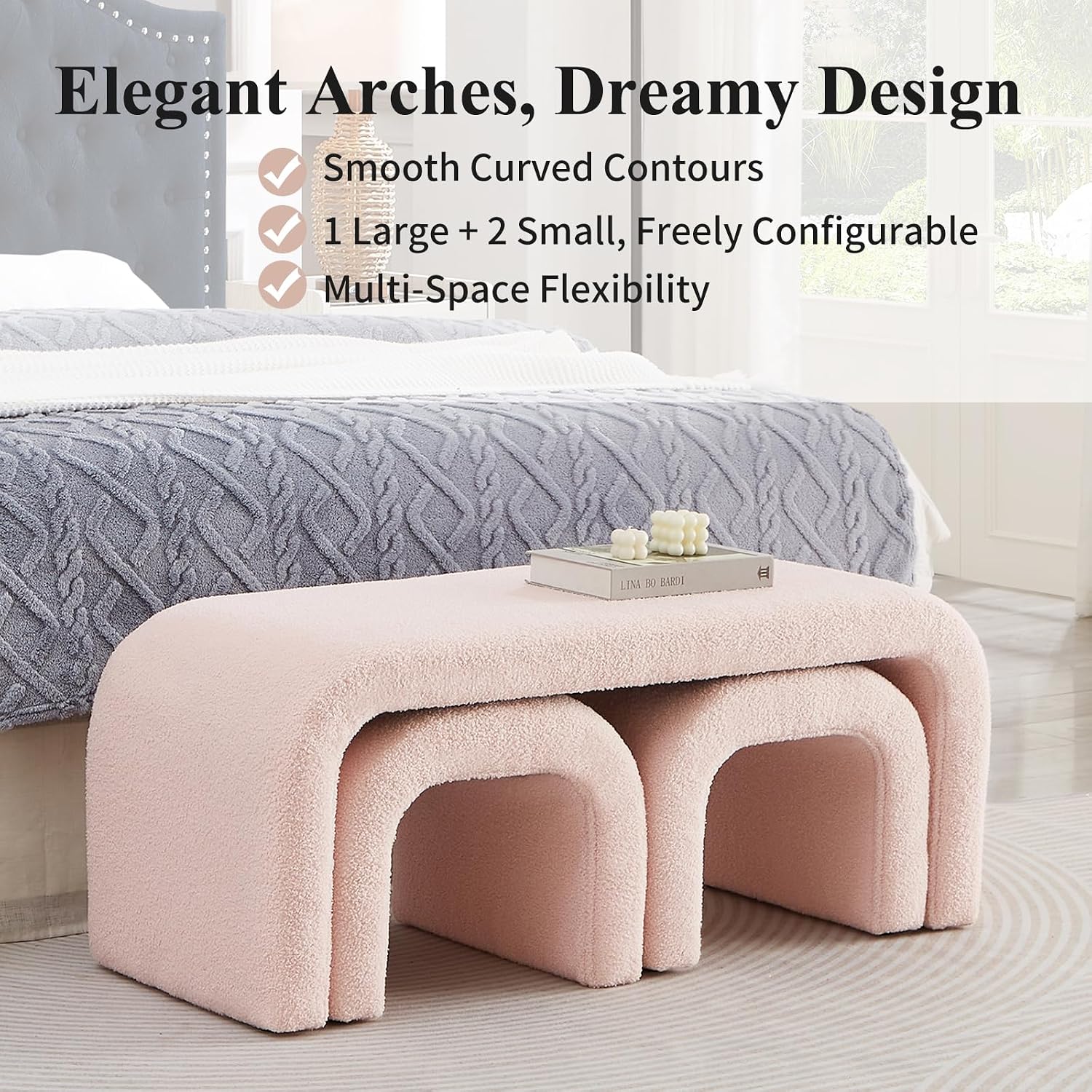 3-Piece Modern Ottoman Bench Set, 44' Wide Teddy Upholstered End of Bed Bench with 2 Foot Stools, Padded U-Shaped Entry Bench Vanity Stool for Living Room Bedroom (Pink)
