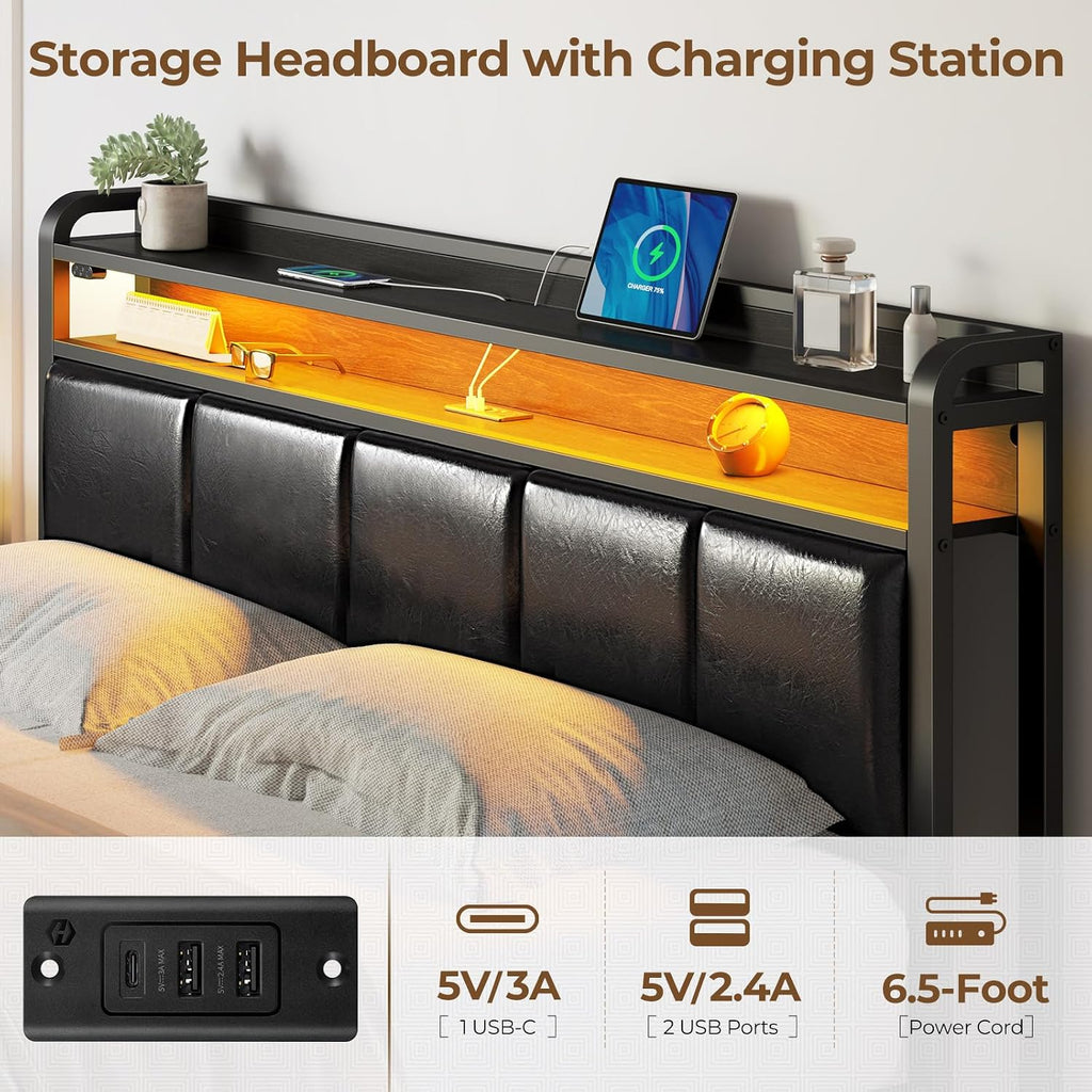 Rolanstar Bed Frame Queen Size with Charging Station and LED Lights, PU Leather Headboard with Storage Shelves, Heavy Duty Metal Slats, No Box Spring Need, Noise Free, Easy Assembly, Black