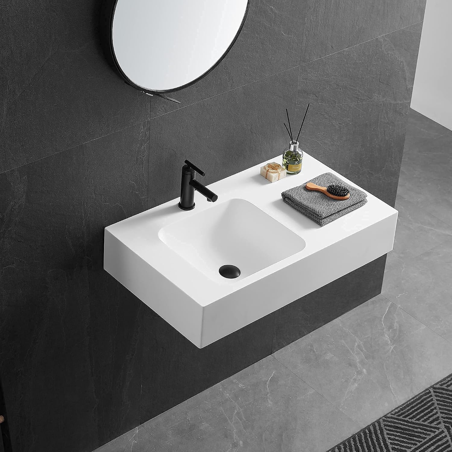 Serene Valley Bathroom Sink, Wall-Mount or On Countertop, 32' with Square Sink and Flat Space, Single Faucet Hole, Solid Surface Material