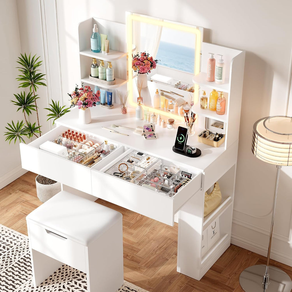 YESHOMY 35.4' Vanity Desk with LED Mirror and Lights,Makeup Vanity Set with 2 Storage Drawers, 2 Side Shelves, 1 Storage Bench and Open Storage Shelves, 3 Color Modes, for Bedroom, Classic White