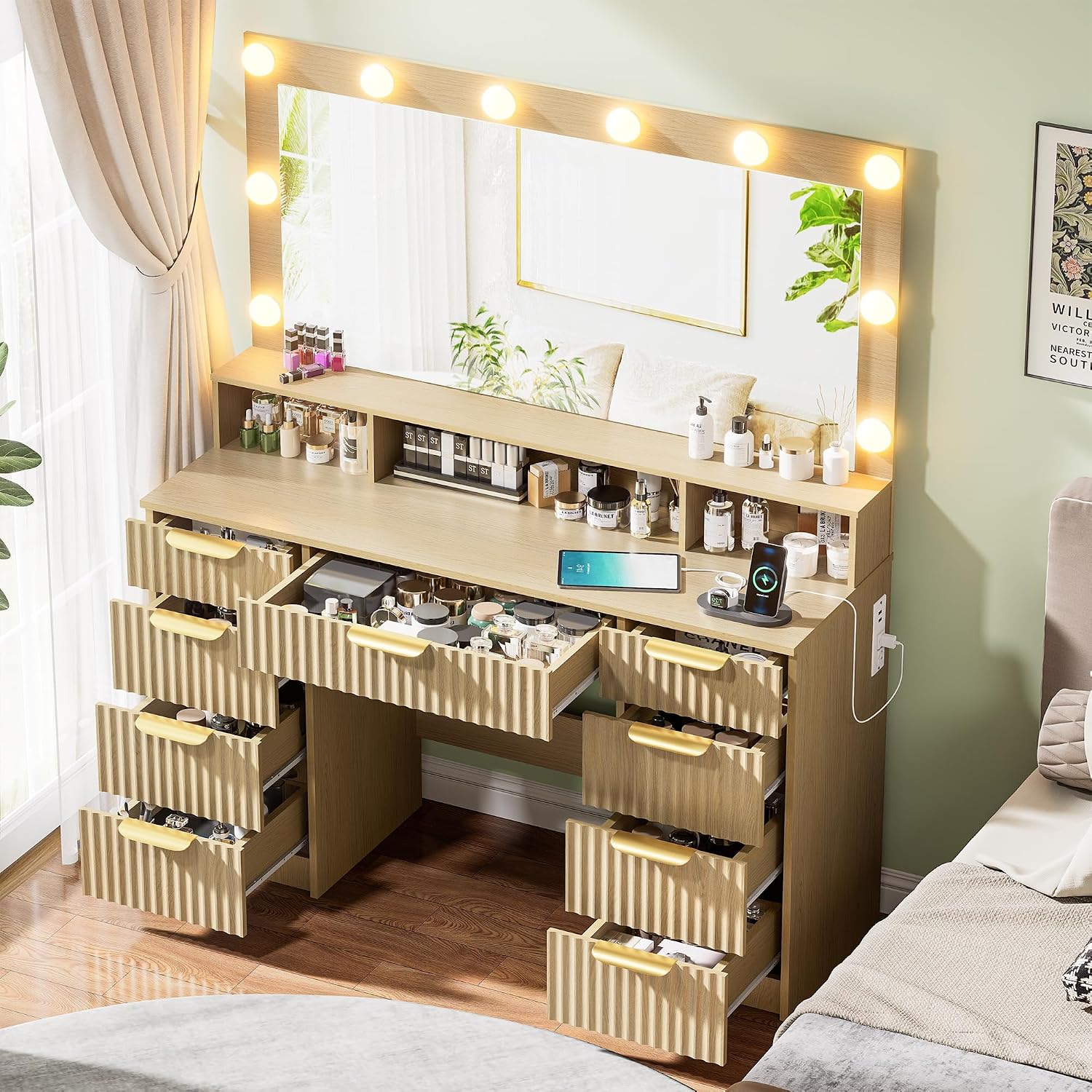 Fluted Vanity Desk with Mirror and Lights, Modern Make up Vanity Dressing Table with 9 Drawers & Large Mirror, Large Vanity Desk with Charging Station for Girls, Women, Bedroom, Natural Oak