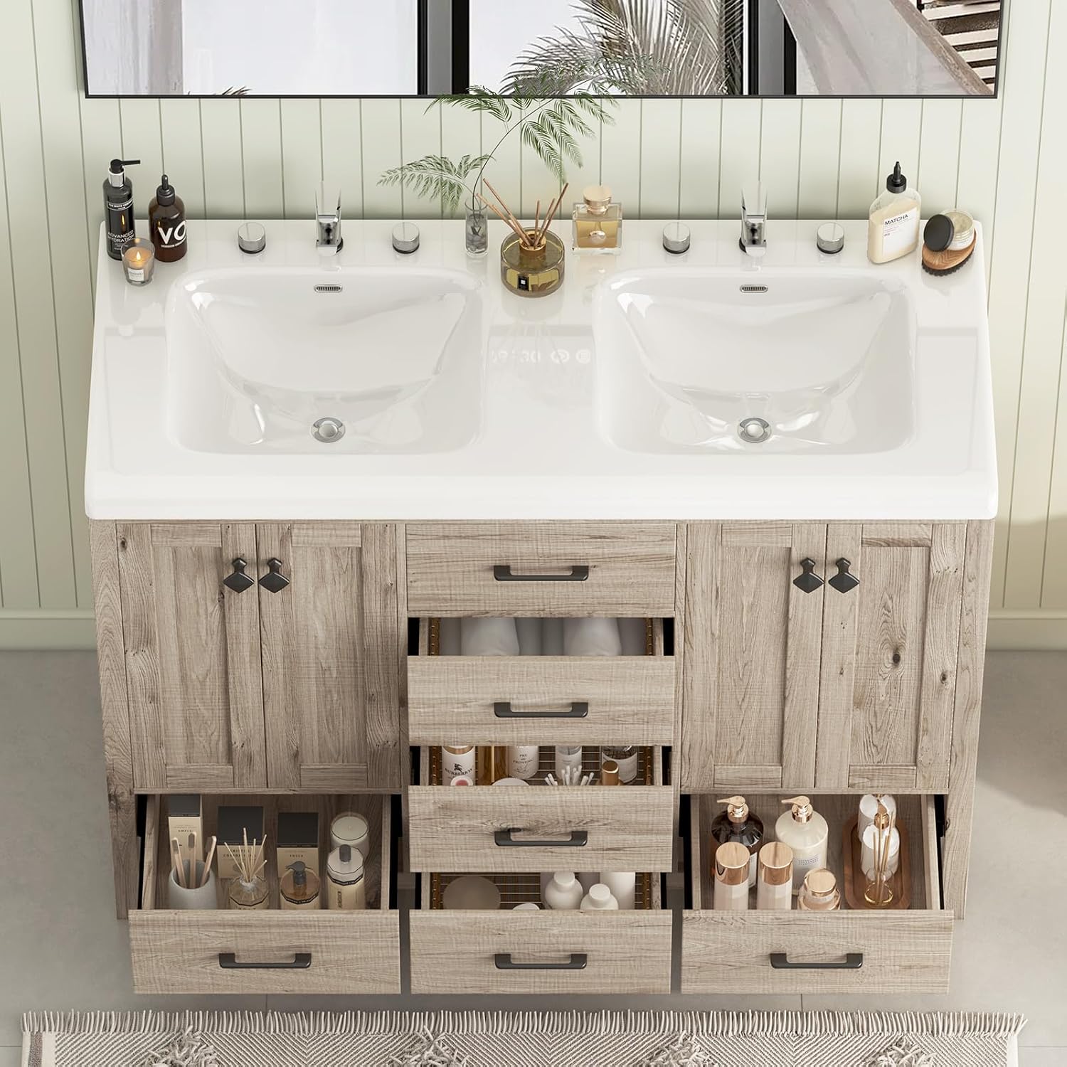 Bathroom Vanity with Sink Combo, 48' Modern Bathroom Storage Cabinet with Double Sink Ceramic, 4 Doors and 5 Drawers, Space-Saving Storage Cabinet, Light Gray Wood