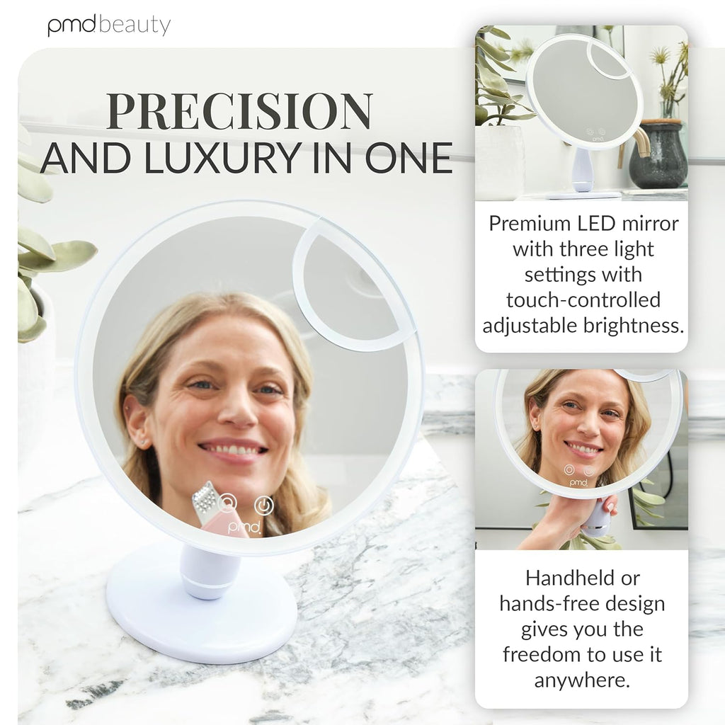 PMD Reflect Pro - Premium Beauty LED Mirror with TriLume Technology & Handheld Capabilities - Three Light Modes - 360° Rotation, 90° Tilt, & 5x Magnification - Travel Ready