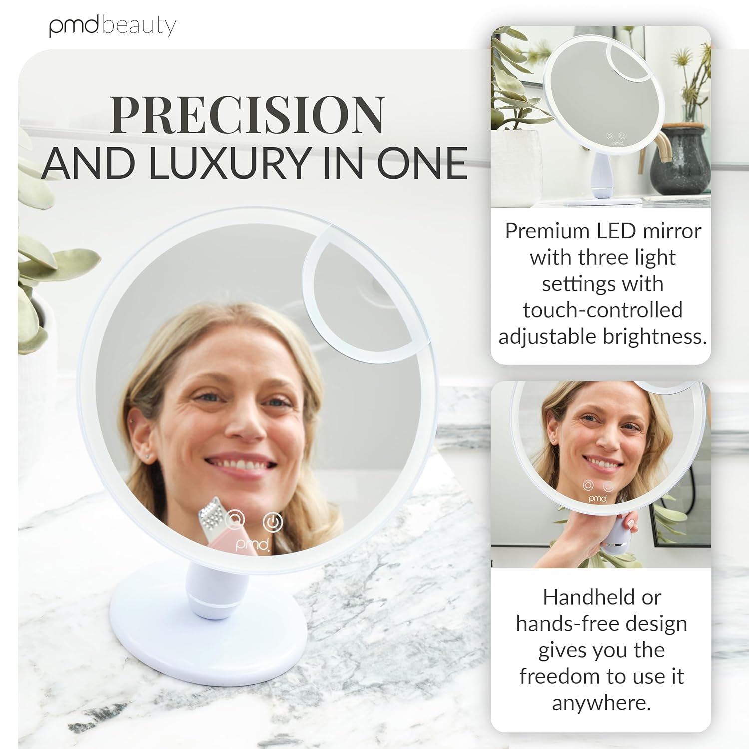 PMD Reflect Pro - Premium Beauty LED Mirror with TriLume Technology & Handheld Capabilities - Three Light Modes - 360° Rotation, 90° Tilt, & 5x Magnification - Travel Ready