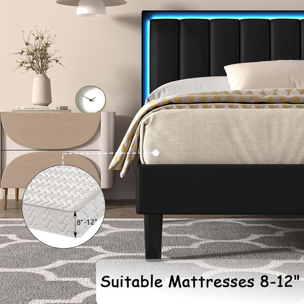 IMMERSTABLE Queen Bed Frame with LED Lights, Upholstered Bed Frame Queen Size with Headboard, Heavy Duty Wood and Metal Slats Support, Noise-Free, No Box Spring Needed, Easy Assembly, Black