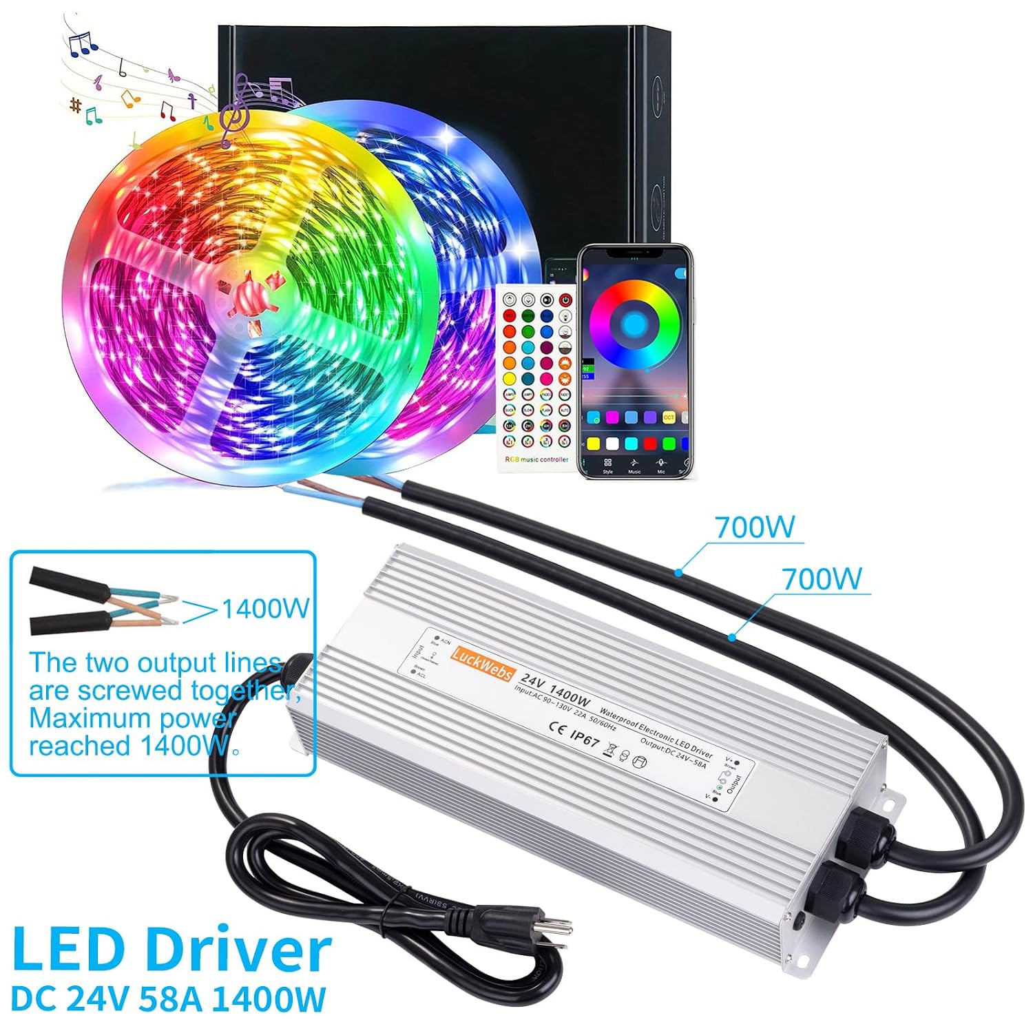 LED Driver 24V 1400W Waterproof Power Supply AC 90-130V to DC 24V58A Low-Voltage Transformer IP67 Switching Power Supply Suitable for high-Power LED Lighting and Any 24V DC Equipment