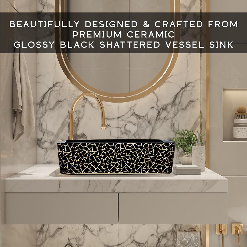 Strictly Sinks 18 Inch Rectangular Black Vessel Sink - Ceramic Countertop Bathroom Sink – Easy to Install Above Counter Luxurious Bathroom Vessel Sink (18-3/4″ W x 14-3/8″ L x 5-1/4″ H)