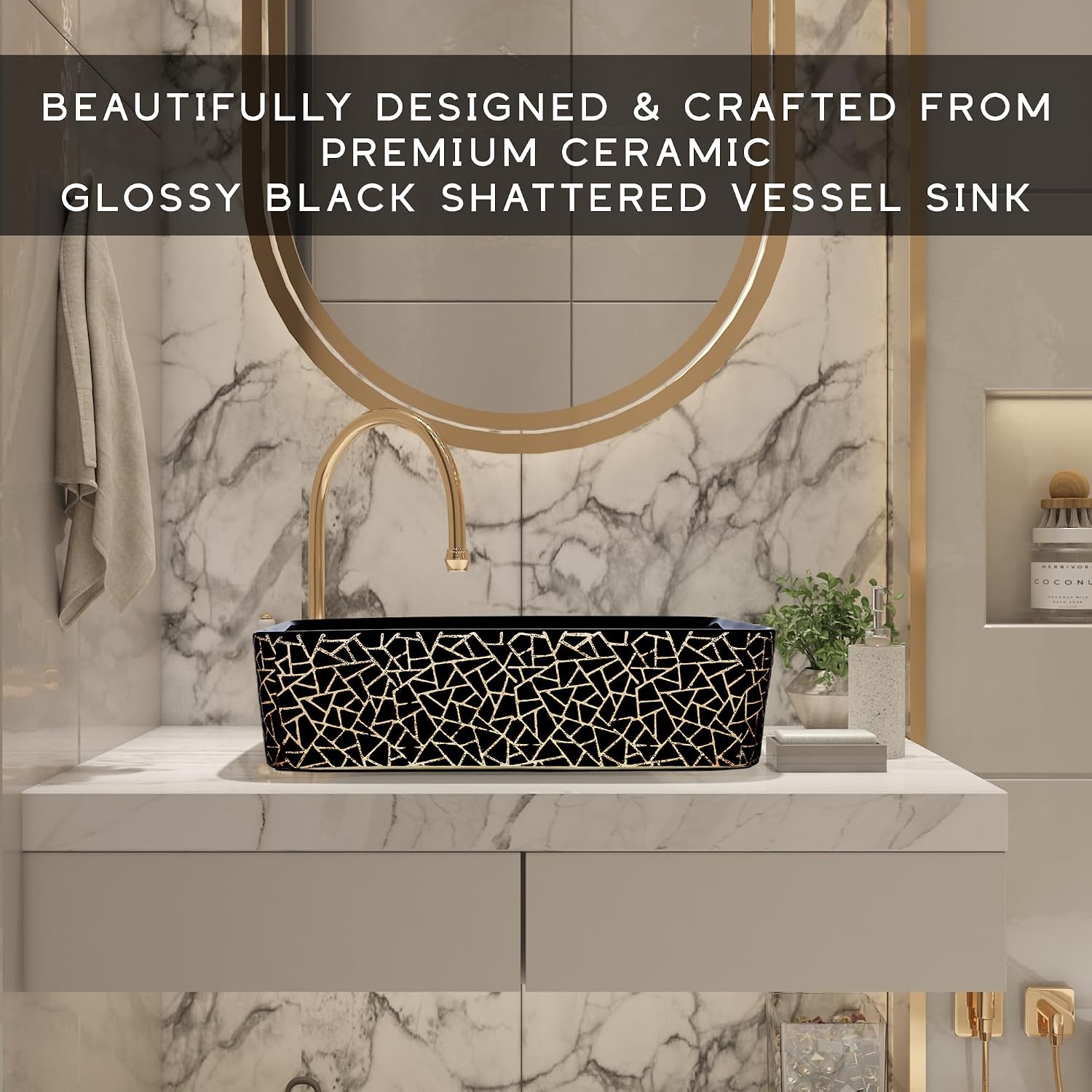 Strictly Sinks 18 Inch Rectangular Black Vessel Sink - Ceramic Countertop Bathroom Sink – Easy to Install Above Counter Luxurious Bathroom Vessel Sink (18-3/4″ W x 14-3/8″ L x 5-1/4″ H)