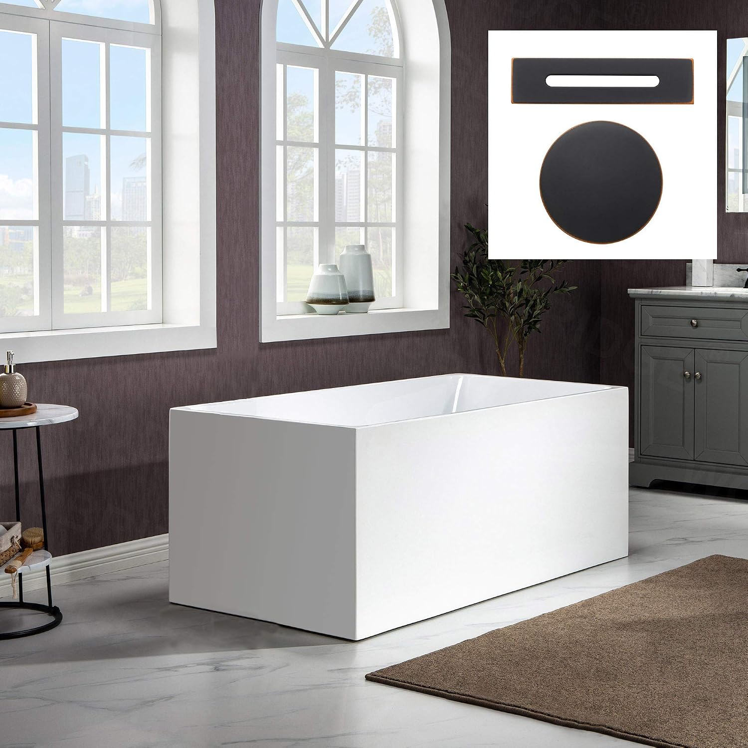 WOODBRIDGE 67' Acrylic Freestanding Bathtub Contemporary Soaking White Tub with Oil Rubbed Bronze Overflow and Drain，B0086-ORB-Drain&O