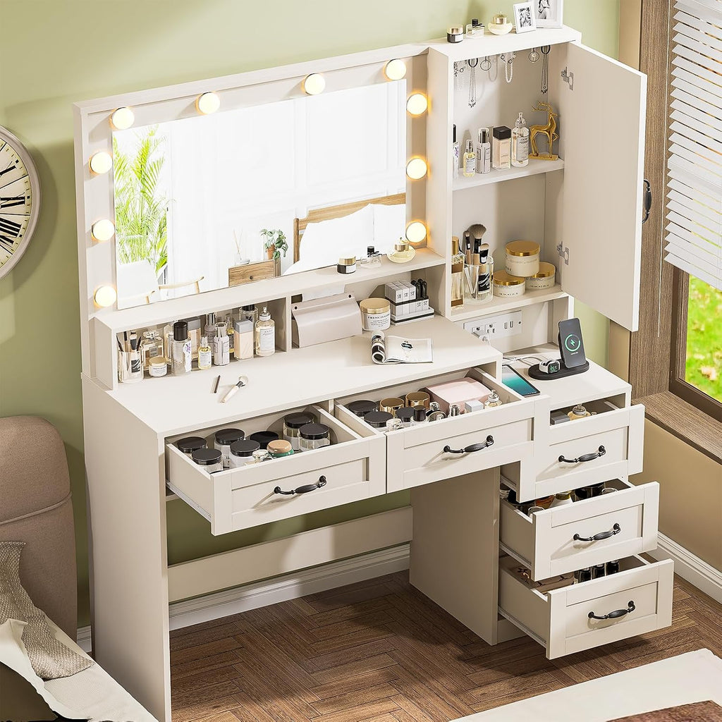 DINGIPP Farmhouse Vanity Desk with Mirror and 10 Led Lights, 45.3' Large Makeup Vanity Table with Power Outlet, 5 Drawers and 1 Cabinet, Vanity Set Dressing Table with 9 Hooks for Women Girls (White)