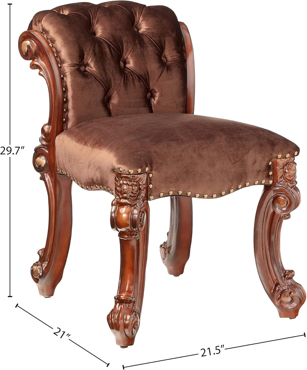 BOWERY HILL Vanity Stool, Cherry Finish, 27.56' H x 28.74' W x 20.08' D, Padded Seat and Backrest Cushion, Fabric Upholstery, Poplar and Aspen Wood, Elegant Baroque Style Vanity Bench for Bedroom or