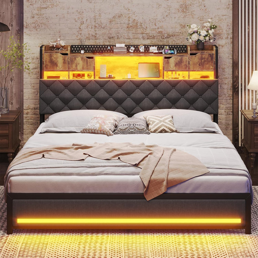 BYSAUD King Size Bed Frame, King Bed Frame with Storage Headboard, Upholstered Platform Bed Frame with LED Lights and Charging Station, Noise Free, Heavy Duty Metal Slats, Easy Assembly, Gray