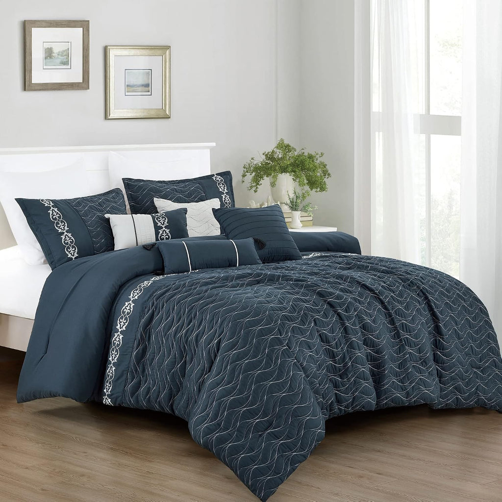 LinenTopia Luxury 7 Piece King/Cal-King Comforter Set with Shams Cushions, Modern Wavy Elegant Navy Embroidered-Pattern, Bed Cover Bed in a Bag, (22066, K/CK, Navy)