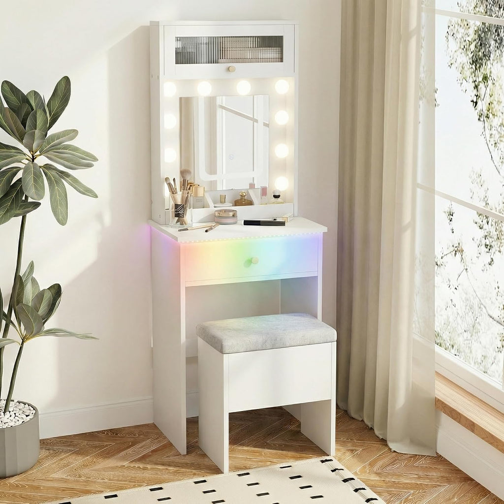 ARTETHYS Small Vanity Desk with Mirror and Lights White Small Makeup Vanity with Storage Chair Mini Makeup Table Set for Bedroom Compact Dressing Table with RGB Lights for Tiny Space