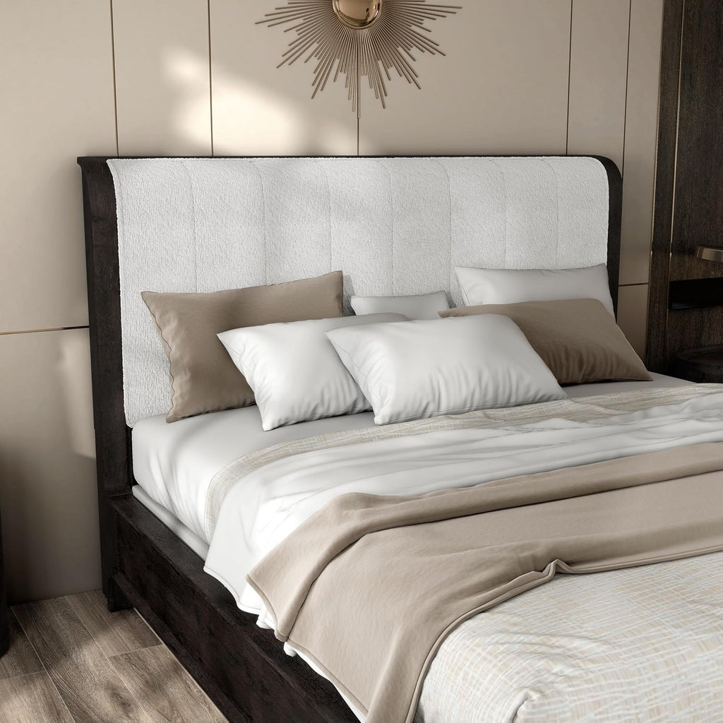 Furniture of America Teada Modern Solid Wood 5-Piece Bedroom Set with Padded Curved Headboard, Oval Nightstand, Felt-Lined Top and UV-Stained Lower Drawers, Box Spring Needed, King, Black