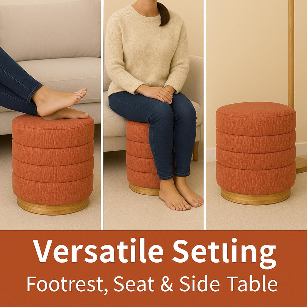 Round Ottoman with Storage – Elegant Durable Linen Upholstered Footrest Bench for Living Room, Cylinder Vanity Stool – Coral Orange