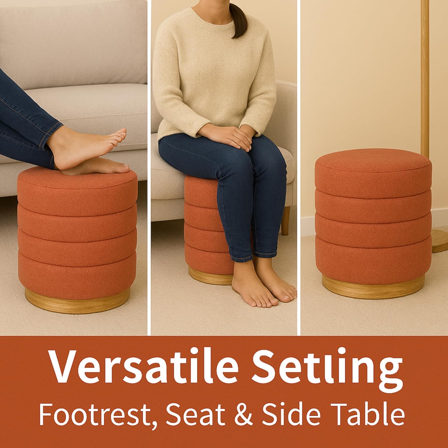 Round Ottoman with Storage – Elegant Durable Linen Upholstered Footrest Bench for Living Room, Cylinder Vanity Stool – Coral Orange