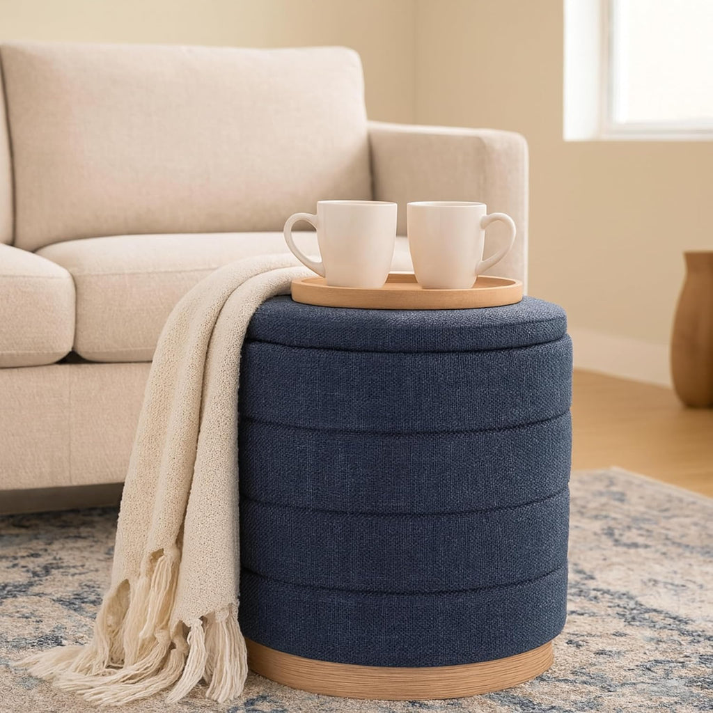 Round Ottoman with Storage – Elegant Durable Linen Upholstered Footrest Bench for Living Room, Cylinder Vanity Stool – Dark Blue