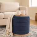 Round Ottoman with Storage – Elegant Durable Linen Upholstered Footrest Bench for Living Room, Cylinder Vanity Stool – Dark Blue