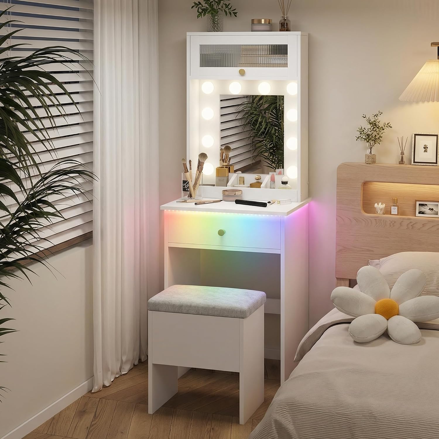 ARTETHYS Small Vanity Desk with Mirror and Lights White Small Makeup Vanity with Storage Chair Mini Makeup Table Set for Bedroom Compact Dressing Table with RGB Lights for Tiny Space