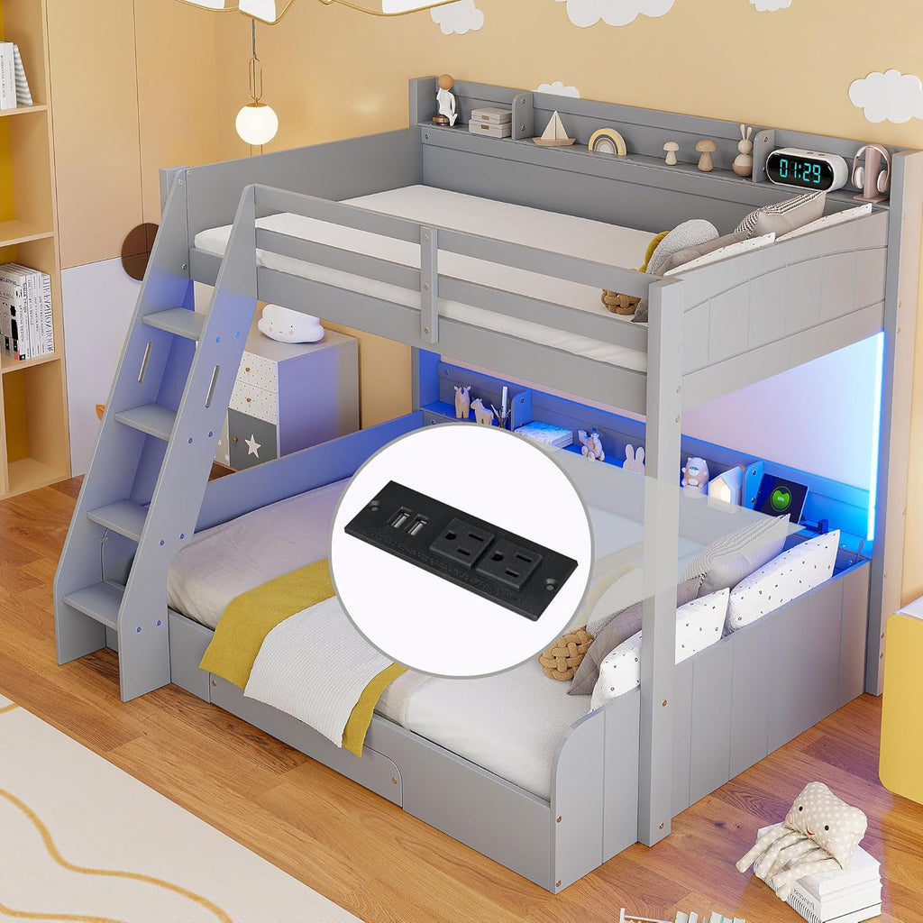 RUNNA Twin Over Full Bunk Bed with Storage Shelves, LED, Charging Station and a Drawer, Solid Wood Bunk Bed for Kids, Teens, Adults (Grey/LED)