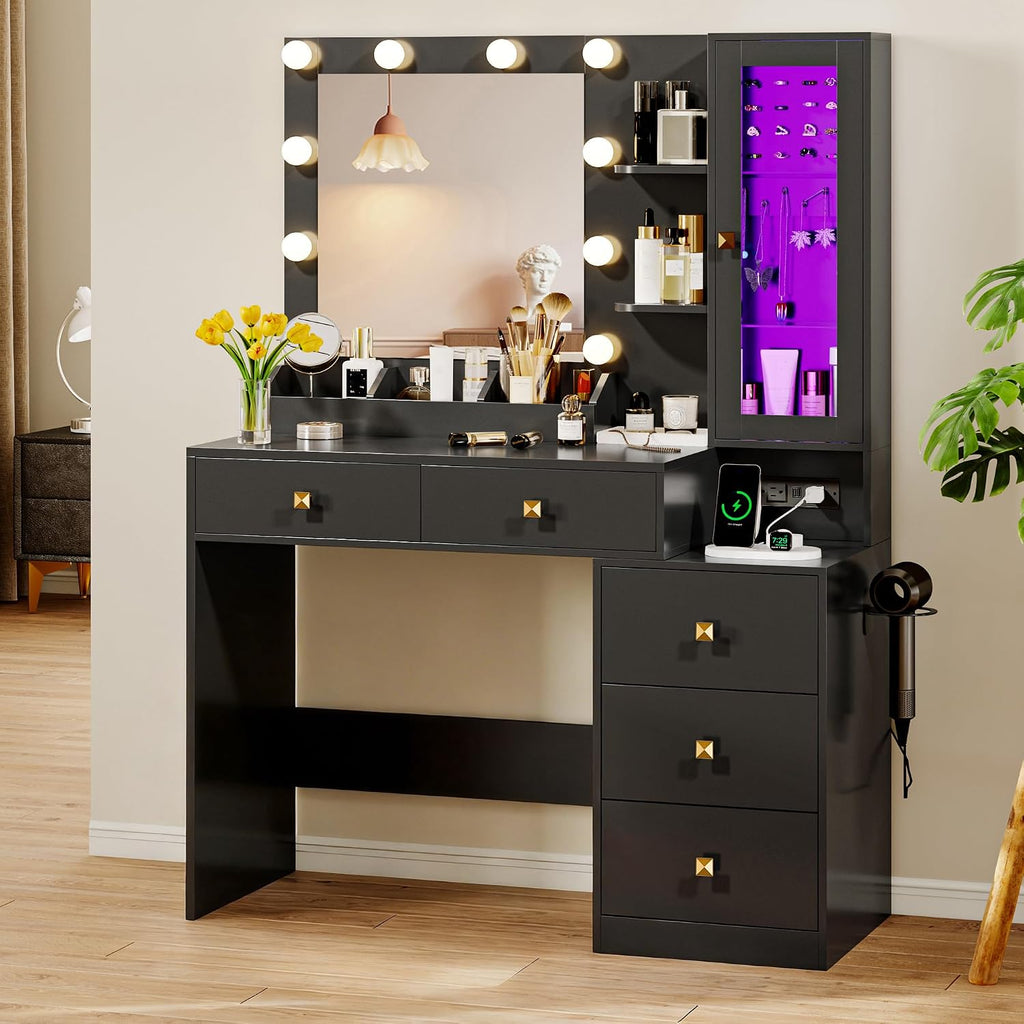 Xixini Vanity Desk with Mirror and Lights, Makeup Vanity Table Set with 5 Storage Drawers, Power Outlet, Small Dressing Table with RGB Ambient Light, Adjustable Brightness for Girls Bedroom, Black
