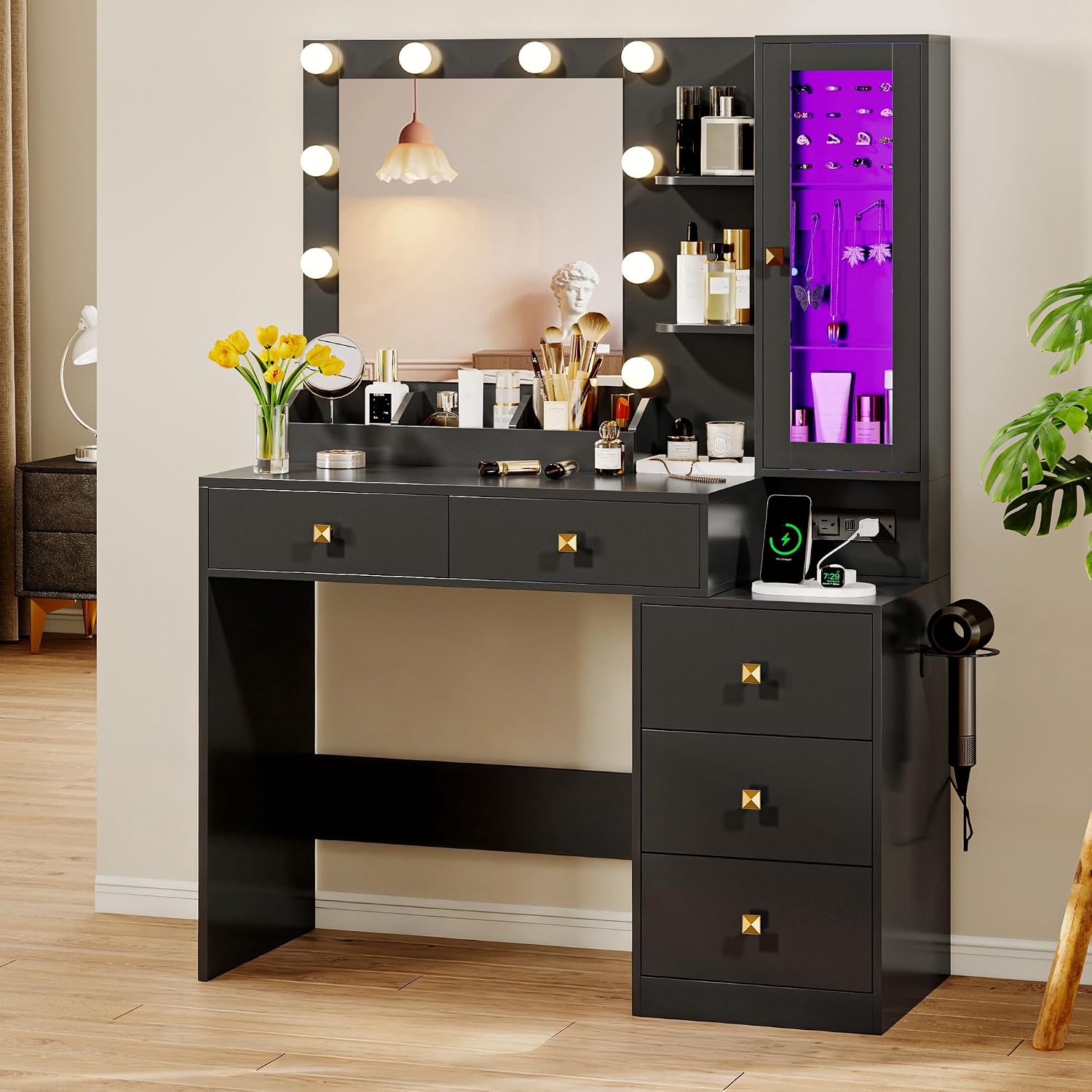 Xixini Vanity Desk with Mirror and Lights, Makeup Vanity Table Set with 5 Storage Drawers, Power Outlet, Small Dressing Table with RGB Ambient Light, Adjustable Brightness for Girls Bedroom, Black