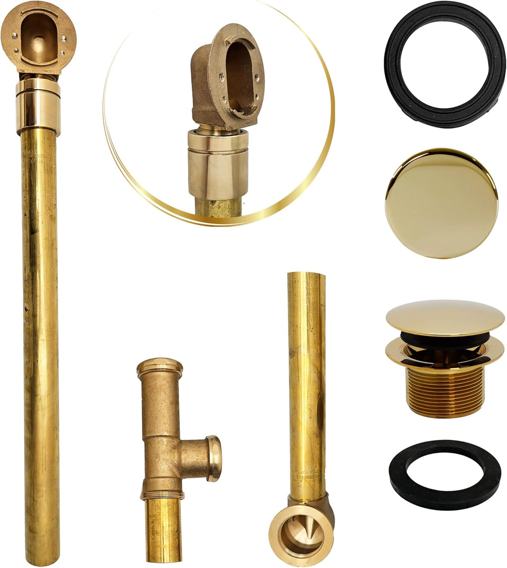 Westbrass A326HBJ-01 25' Brass Bath Waste & Overflow Assembly with European Tip-Toe Drain Plug and Illusionary Faceplate, Polished Brass