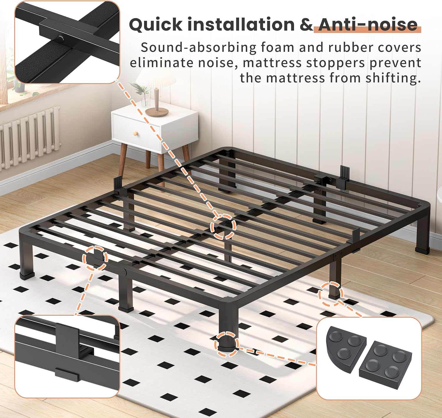 VIPSHOW 7 Inch Queen Heavy Duty 3500 lbs Bed Frame with Round-Corner Legs & Anti-Squeak Design – Quick Assembly Metal Platform, No Box Spring Needed