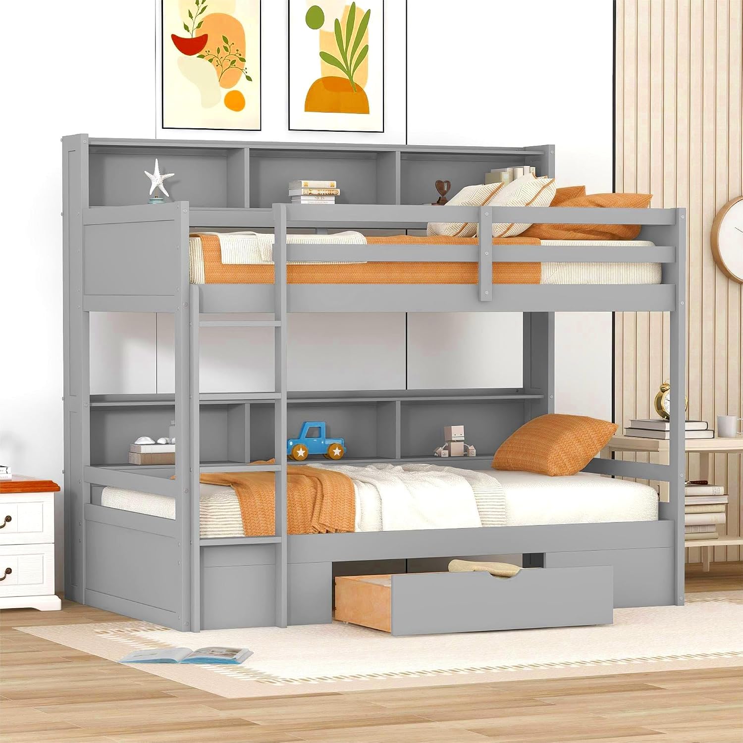 RUNNA Unique Solid Wood Bunk Bed with Storage Drawer and Built-in Shelves,Twin Size Bunk Bed with Safeguard Railings and Ladder,for Kids Teens Bedroom Use (Gray#q)