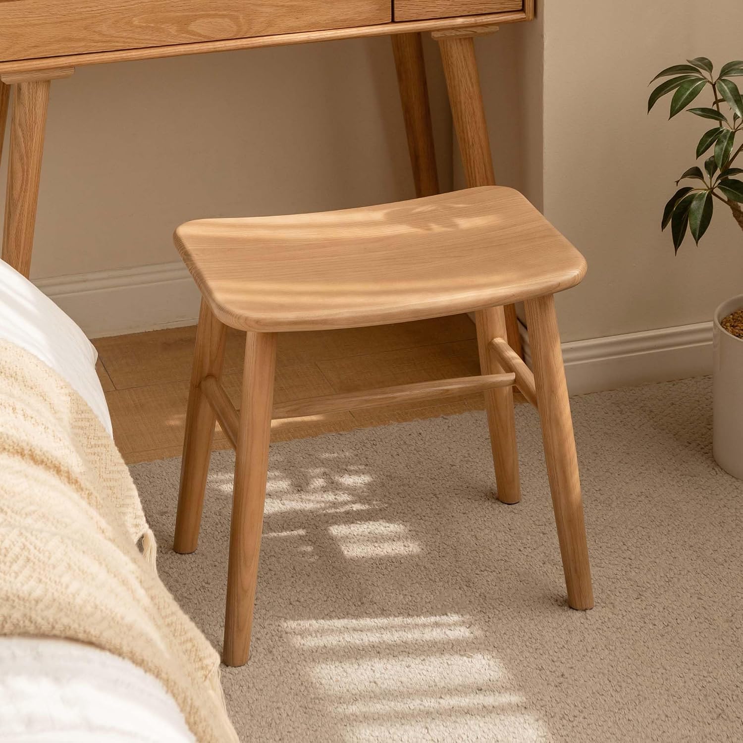 YESWOOD Small Vanity Stool Chair, Solid Wood Makeup Chair, Curved Surface Footstool for Bedroom, Dining Room, Entryway