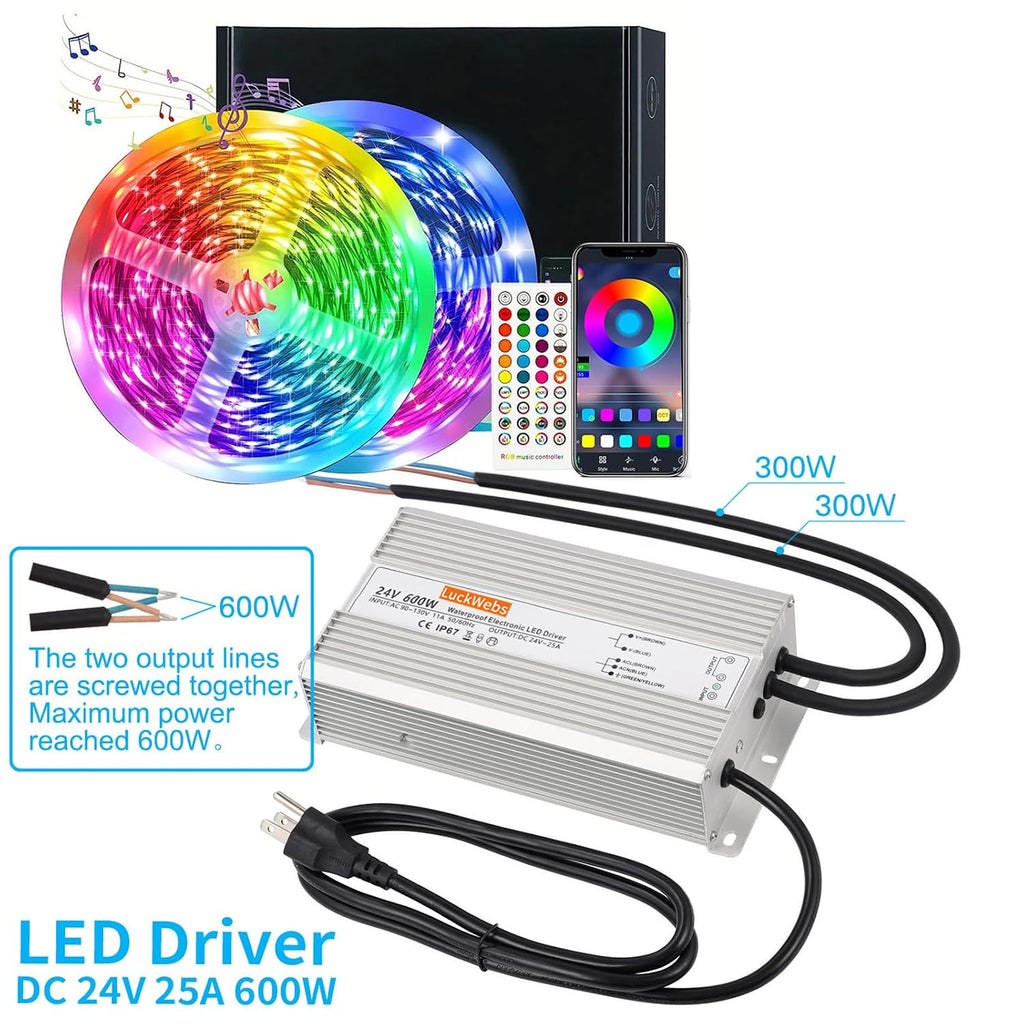 LED Driver 24V 600W Waterproof Power Supply AC 90-130V to DC 24V25A Low-Voltage IP67 Switching Power Supply Landscaping Decorative Lighting LED Waterproof Transformer