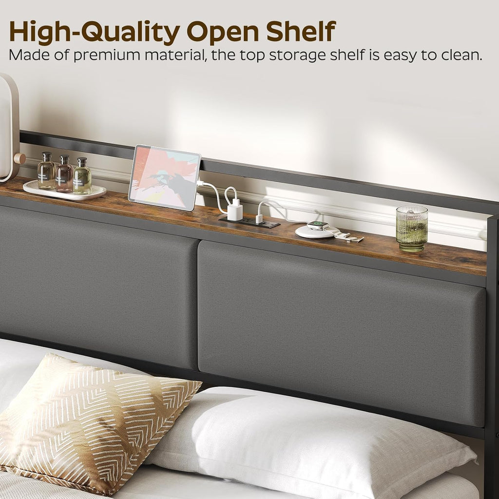 YATINEY King Size Headboard with Storage Shelves, Upholstered Headboard with Charging Station, Height Adjustable, Sturdy and Stable, Vintage Style, Rustic Brown, Gray and Black