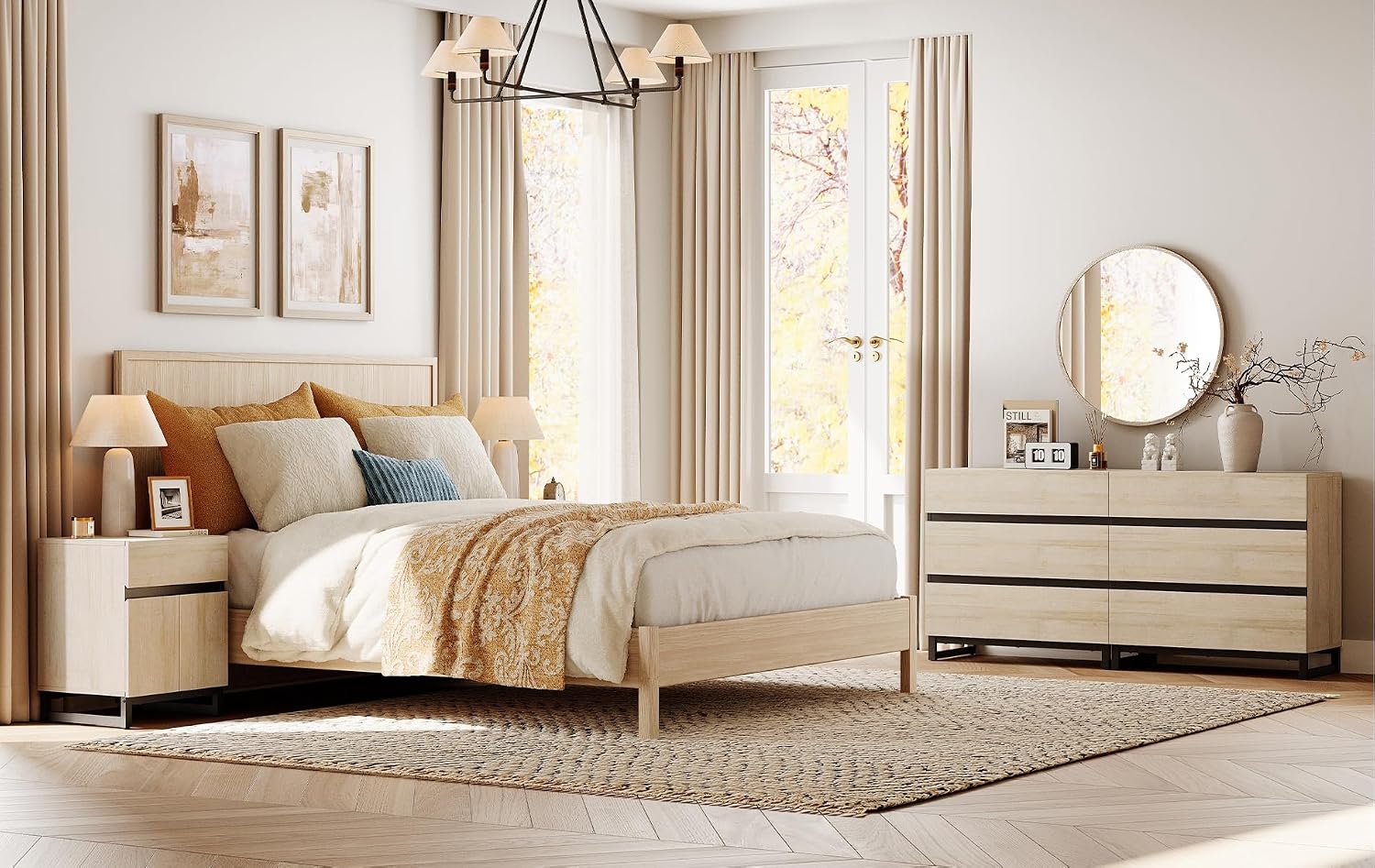 WAMPAT 3-Piece Modern Bedroom Furniture Set, 63-Inch Dresser with 6 Drawers and 2 Nightstands Featuring Drawer and Cabinet Design, Bedroom Set of 3, Light Oak