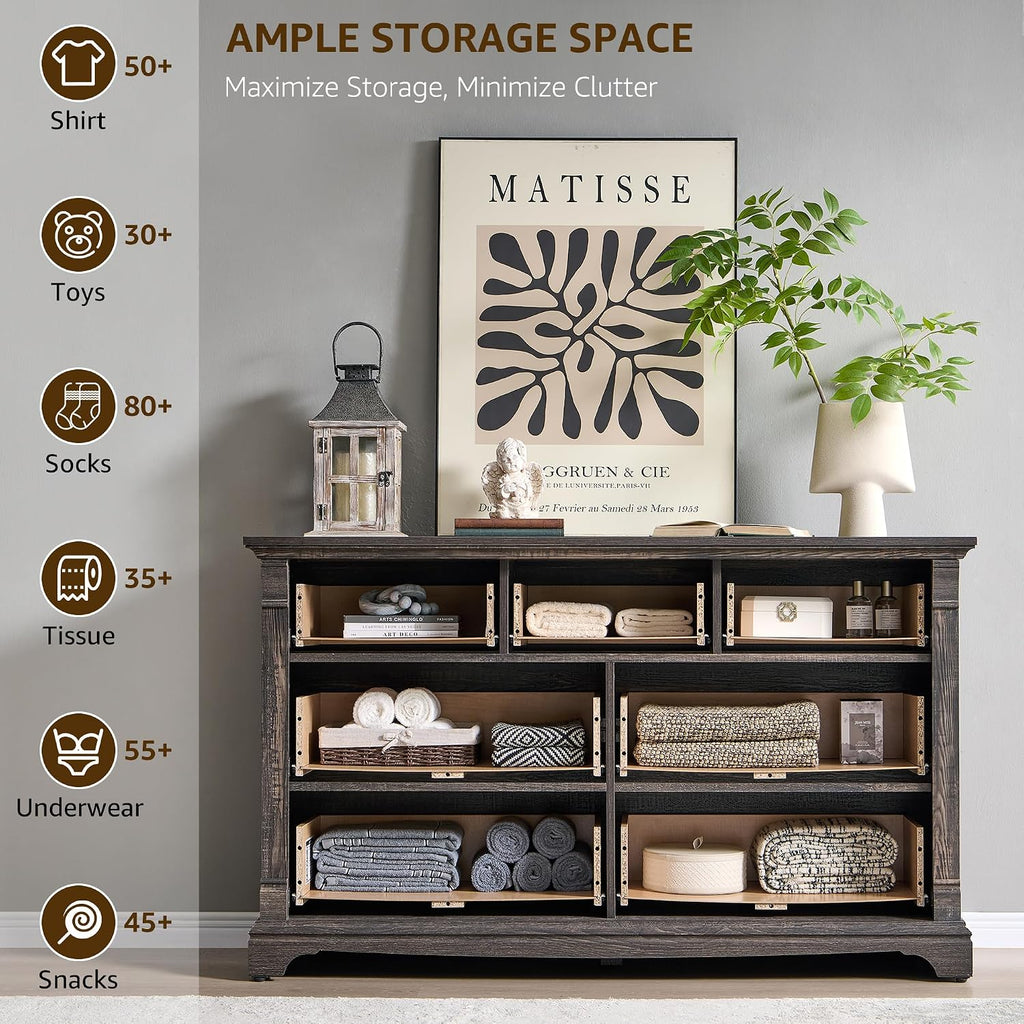 T4TREAM Farmhouse 7 Drawers Dresser for Bedroom, 54' Wide Wood Rustic Chest of Drawers w/Roman Column, Wooden Storage Dressers Organizer for Bedroom, Living Room, Closet, Dark Rustic Oak