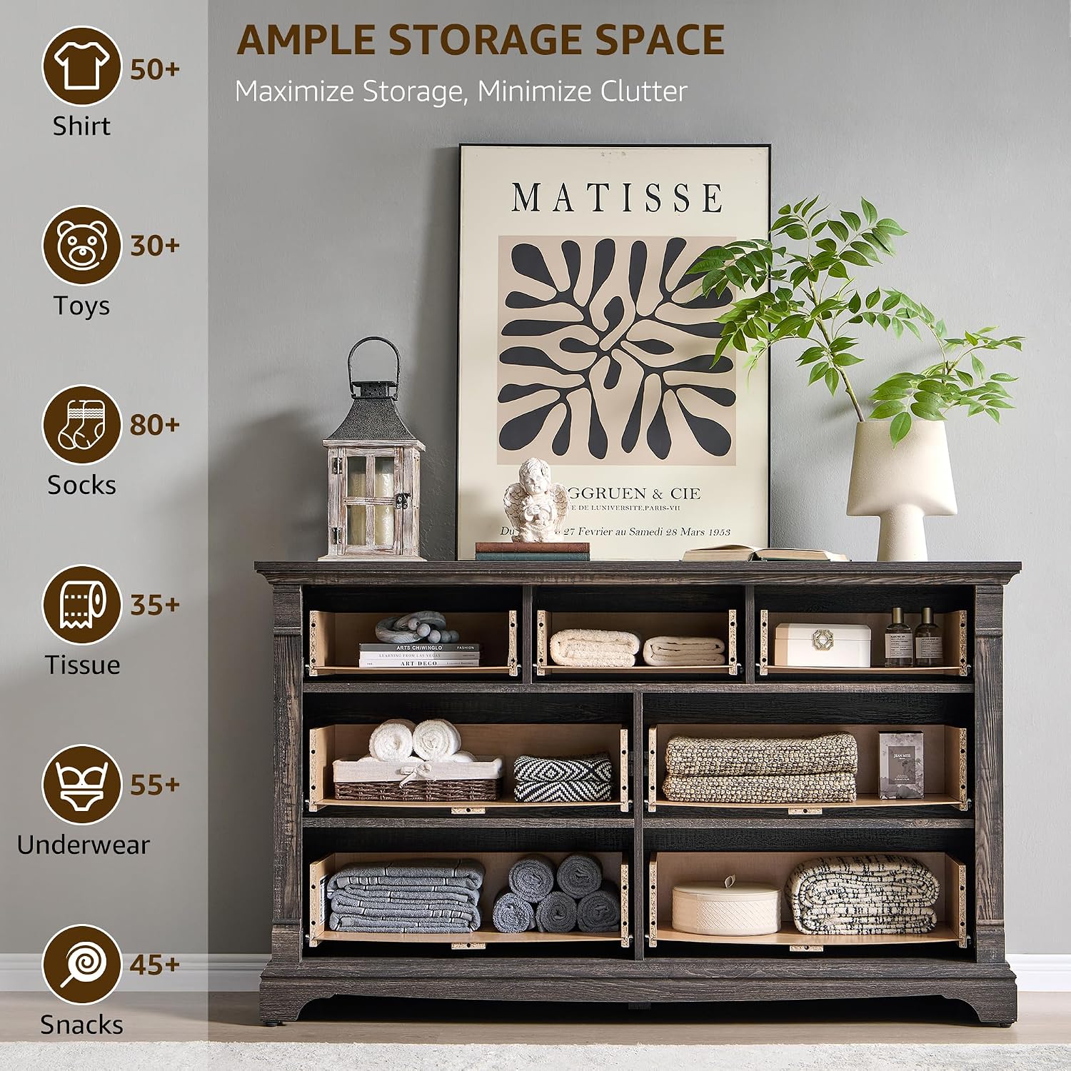 T4TREAM Farmhouse 7 Drawers Dresser for Bedroom, 54' Wide Wood Rustic Chest of Drawers w/Roman Column, Wooden Storage Dressers Organizer for Bedroom, Living Room, Closet, Dark Rustic Oak