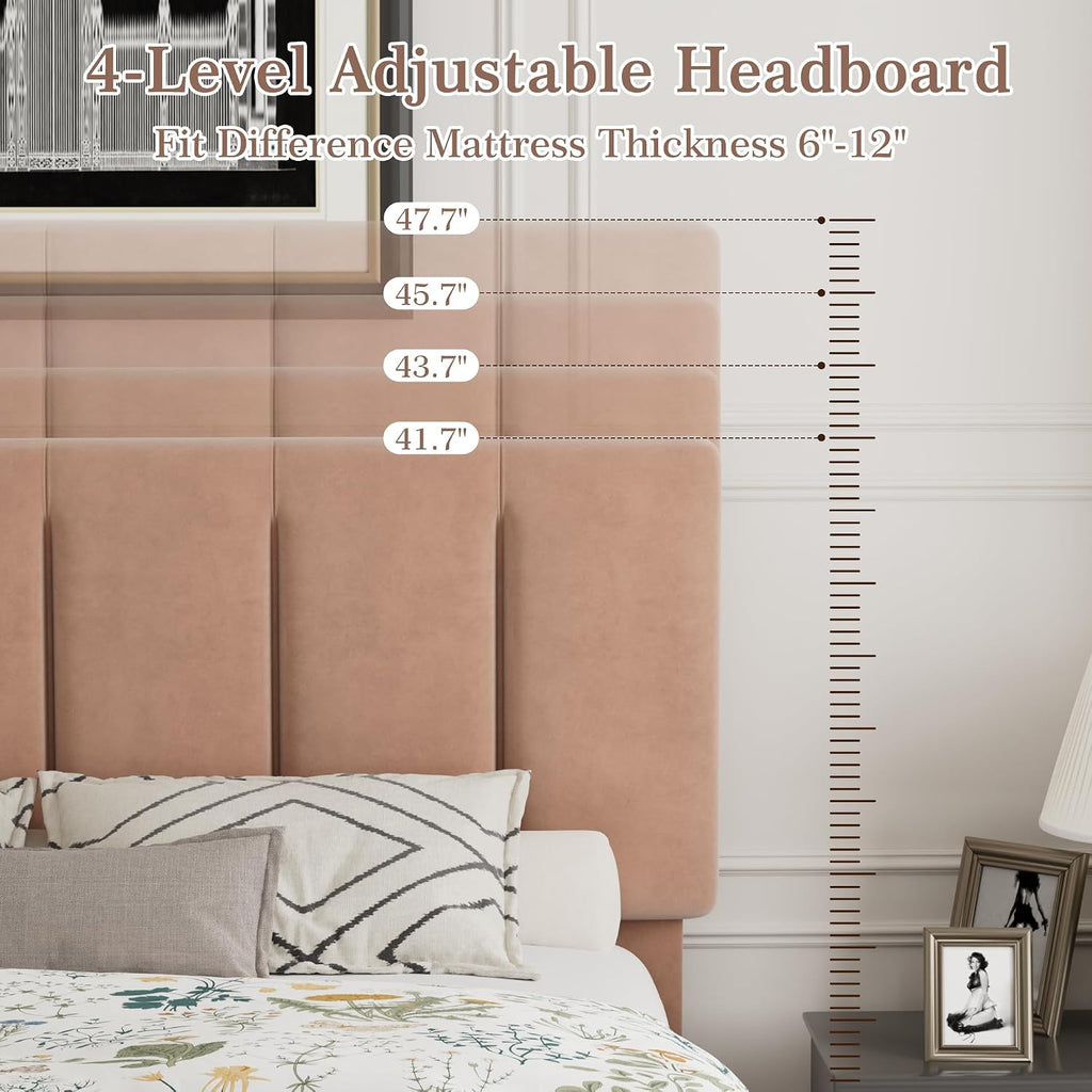 VECELO Queen Size Bed Frame with Upholstered Headboard, Heavy-Duty Bedframe with Wooden Slats & Steel Framework, Easy Assembly, Coffee